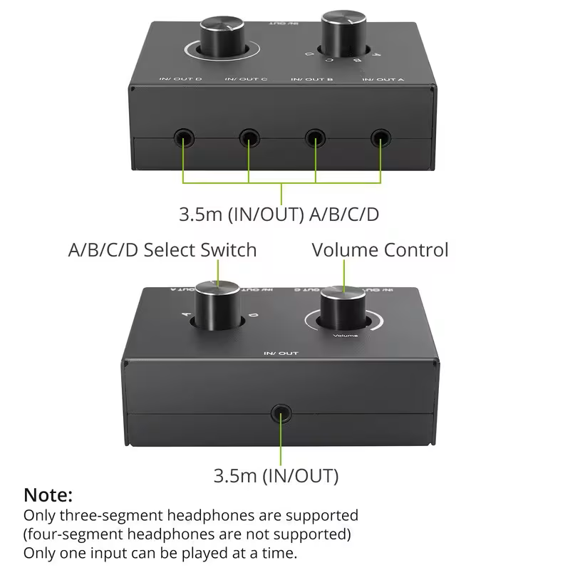 Selector de audio de 0.138 in, interruptor de altavoz, caja de interruptor AUX, selector de conmutador AB, bidireccional (0.138 in 1In-2Out/2In-1Out)